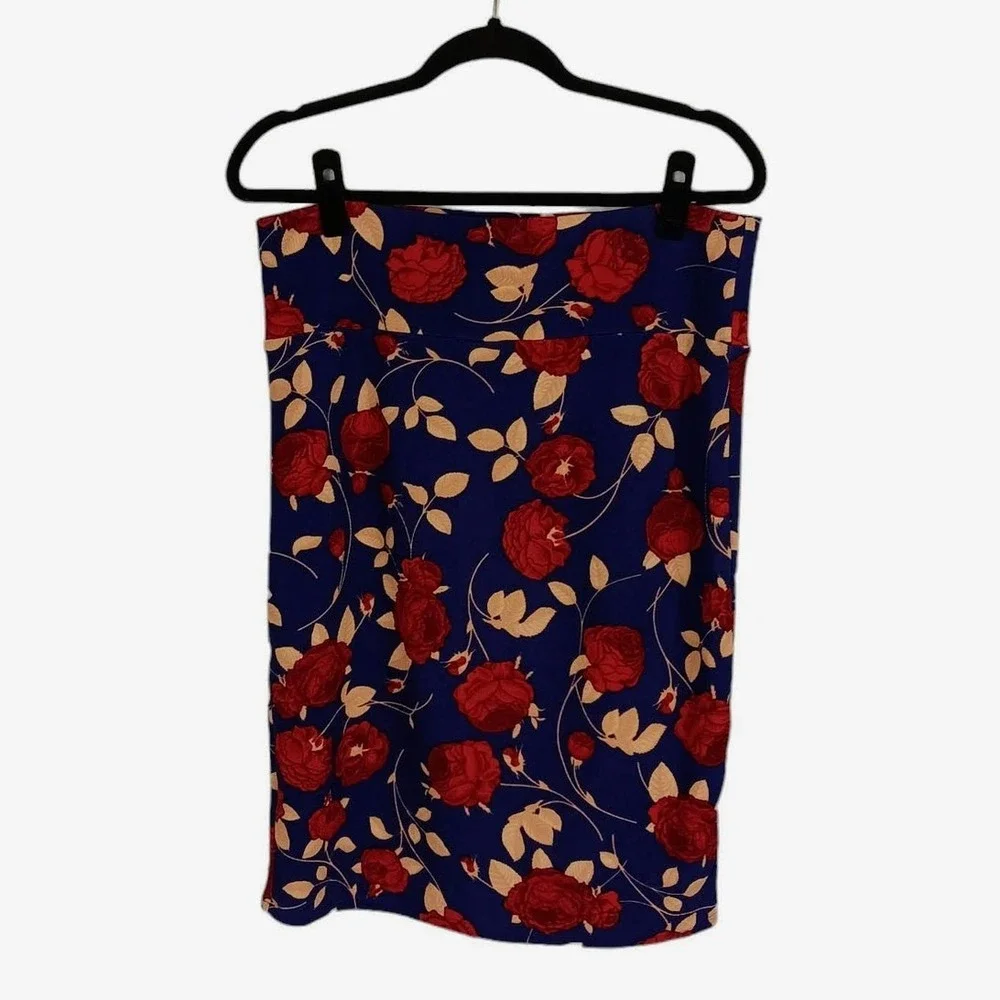 LuLaRoe Cassie Pencil Skirt Women Large Blue Red Floral Rose Stretch Knee Length